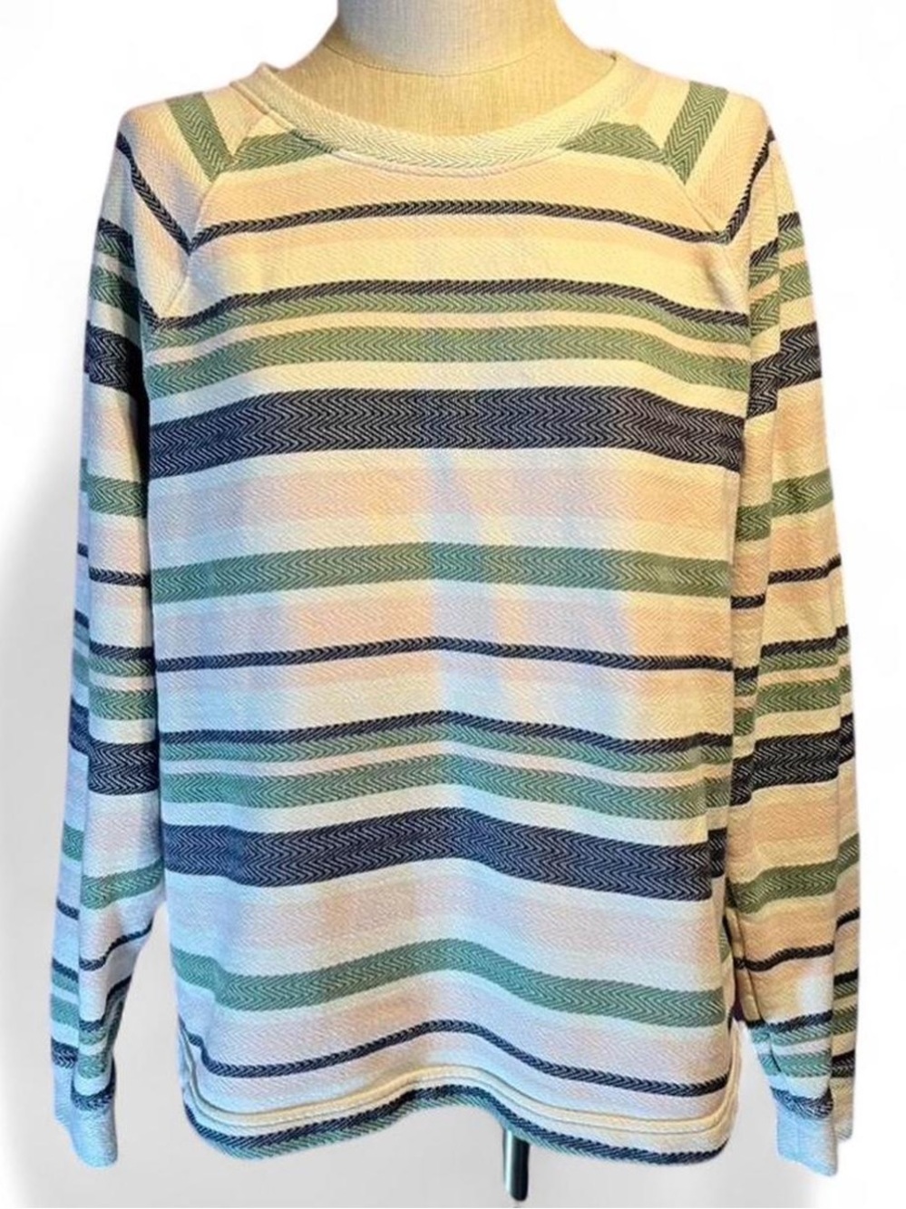 🤍Orvis Striped Crewneck Cotton Long Sleeve Top in Cream, Green & Navy